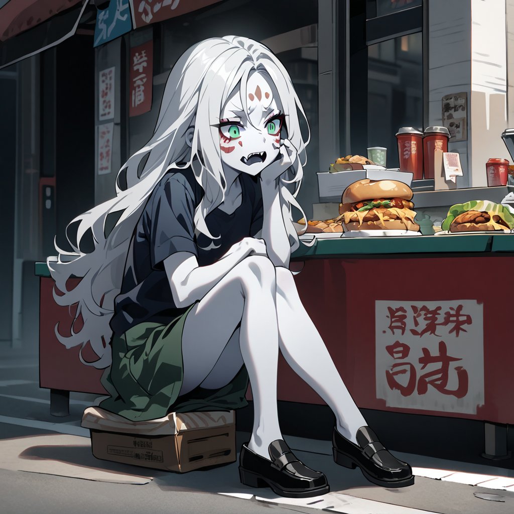  (white skin:1.5), pale skin, long hair, white hair, facial markings, green eyes, fangs, dark street, eating at street stall, tired look, shoes off, office clothes, pantyhose, full body