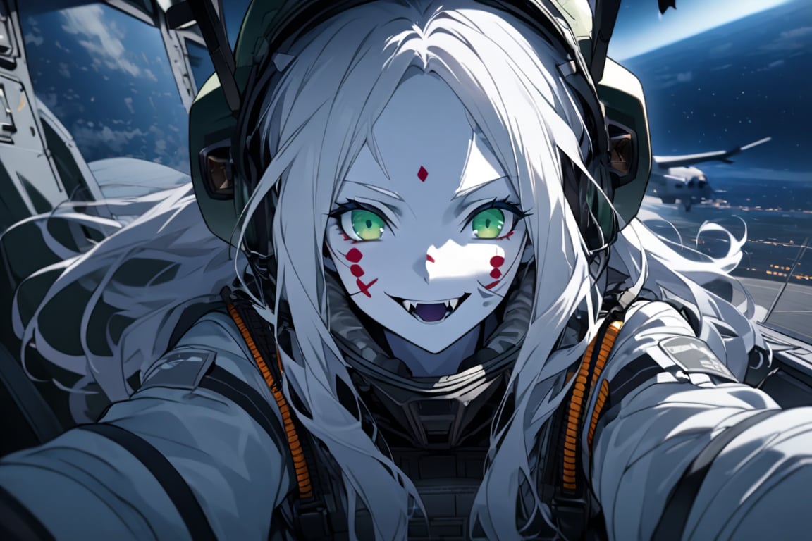  (white skin:1.5), pale skin, long hair, white hair, facial markings, green eyes, fangs, Black Pilot suit, Pilot Helmet, Boots, C-130 aircraft, seant into cockpit, Smiling, air base, , aircraft take off, full body, heroic close up, night sky