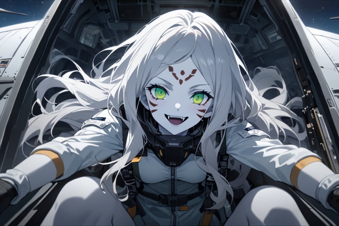  (white skin:1.5), pale skin, long hair, white hair, facial markings, green eyes, fangs, Black Pilot suit, Pilot Helmet, Boots, C-130 aircraft, seant into cockpit, Smiling, air base, , aircraft take off, full body, heroic close up, night sky