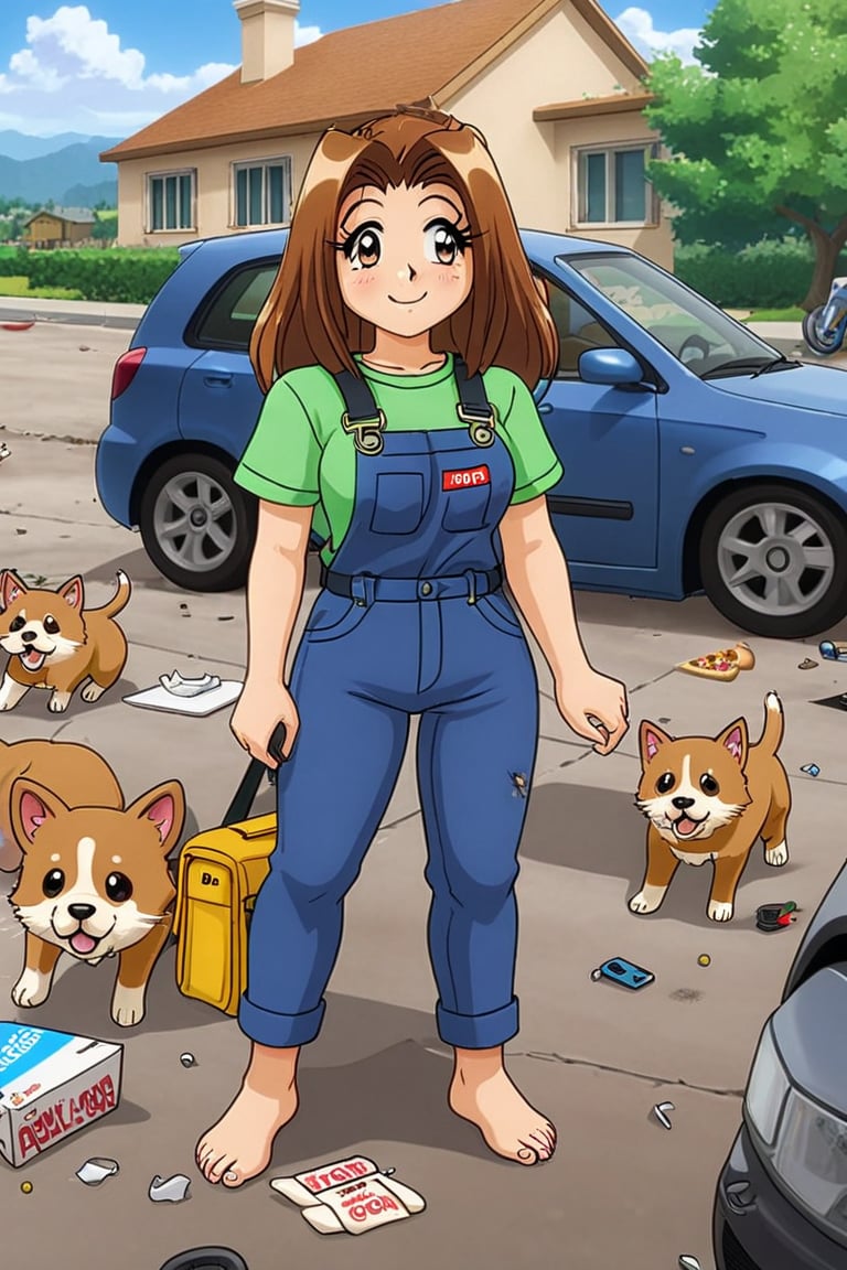 RENA,EROGE, anime coloring, 1girl, brown hair, work overall, barefoot, delivery green cubic backpack, in front to house, standing, street with apartaments, blacksploitation, destroyed car , lazyness, into motorcycle, cinycal smile, manage  pizza box, DIDI delivery t-shirt, rubbish floor, good anatomy, dirty clothes, bunch of puppies and kitties around, close up