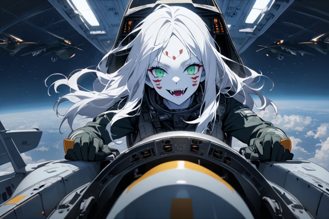  (white skin:1.5), pale skin, long hair, white hair, facial markings, green eyes, fangs, Black Pilot suit, Pilot Helmet, Boots, C-130 aircraft, seant into cockpit, Smiling, air base, , aircraft take off, full body, heroic close up, night sky