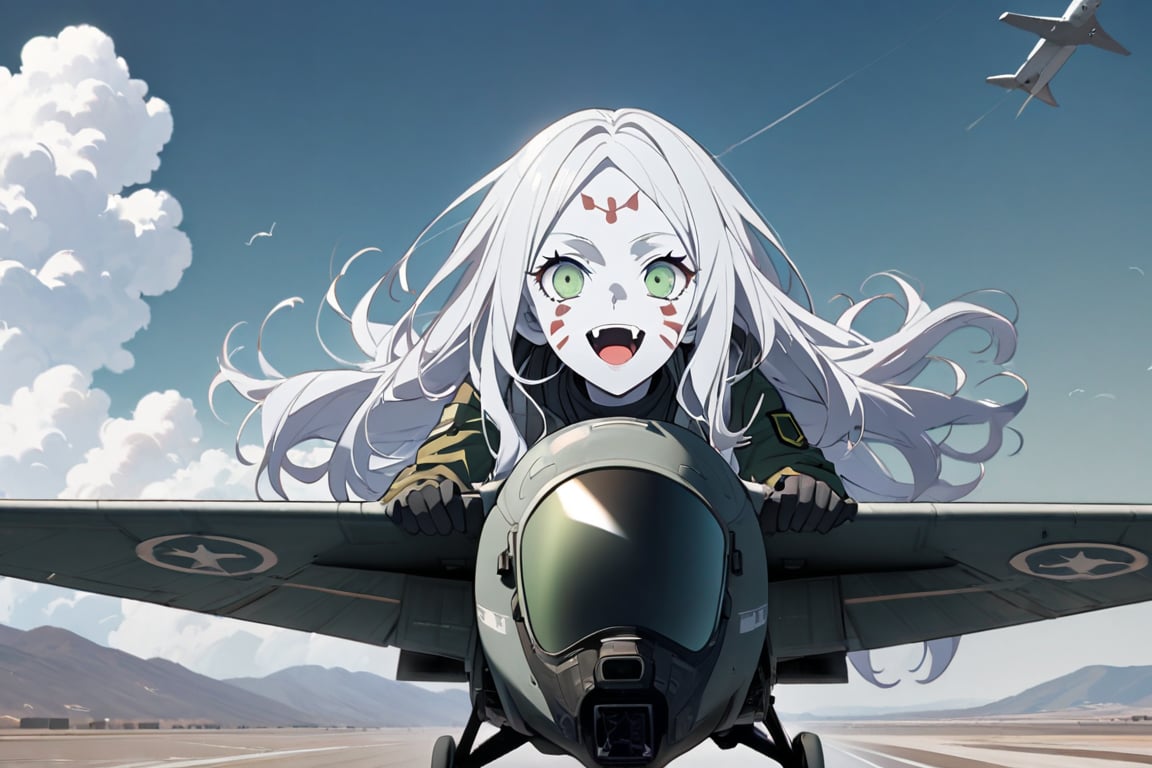  (white skin:1.5), pale skin, long hair, white hair, facial markings, green eyes, fangs, Black Pilot suit, Pilot Helmet, Boots, C-130 aircraft, Smiling, air base, , aircraft take off, full body, heroic close up