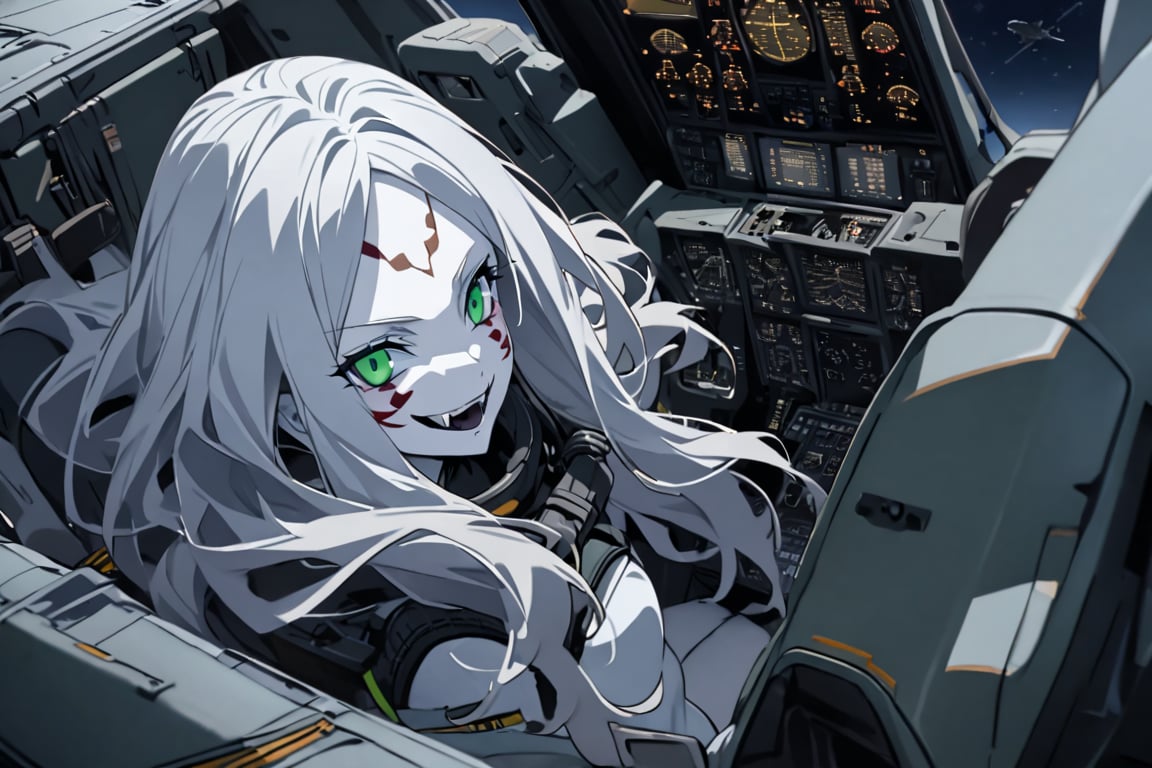  (white skin:1.5), pale skin, long hair, white hair, facial markings, green eyes, fangs, Black Pilot suit, Pilot Helmet, Boots, C-130 aircraft, seant into cockpit, Smiling, air base, , aircraft take off, full body, heroic close up, night sky