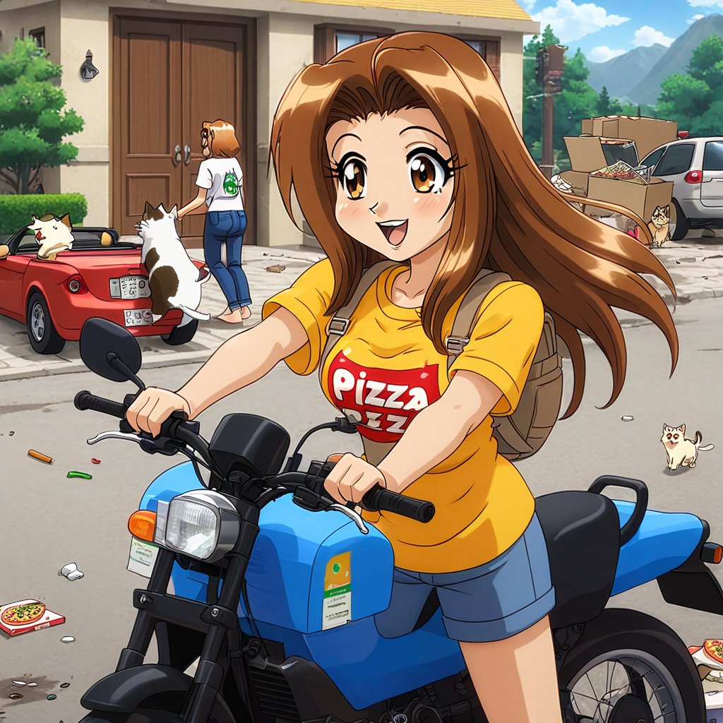 RENA,EROGE, anime coloring, 1girl, brown hair, work overall, barefoot, delivery green cubic backpack, in front to house, standing, street with apartaments, blacksploitation, destroyed car , lazyness, driving motorcycle, cinycal smile, manage  pizza box, DIDI delivery t-shirt, rubbish floor, good anatomy, dirty clothes, bunch of puppies and kitties around, close up