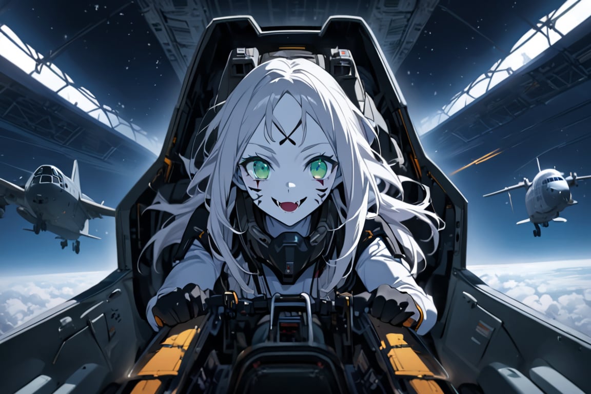  (white skin:1.5), pale skin, long hair, white hair, facial markings, green eyes, fangs, Black Pilot suit, Pilot Helmet, Boots, C-130 aircraft, seant into cockpit, Smiling, air base, , aircraft take off, full body, heroic close up, night sky