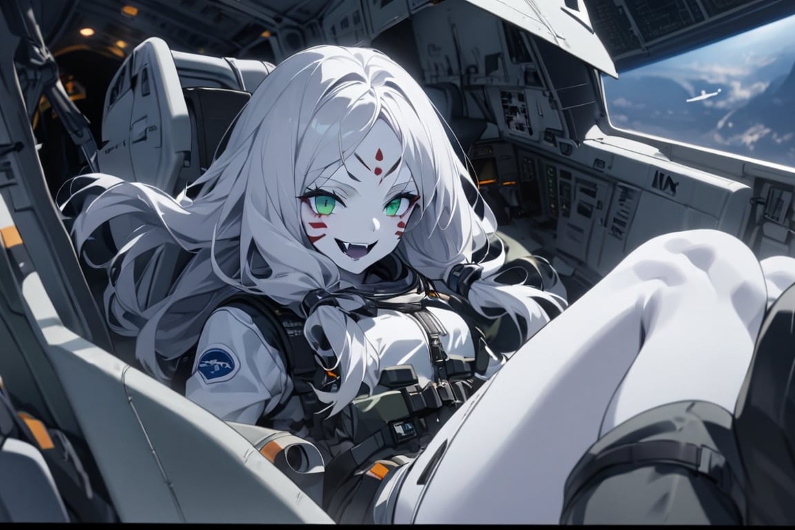  (white skin:1.5), pale skin, long hair, white hair, facial markings, green eyes, fangs, Black Pilot suit, Pilot Helmet, Boots, C-130 aircraft, seant into cockpit, Smiling, air base, , aircraft take off, full body, heroic close up, night sky