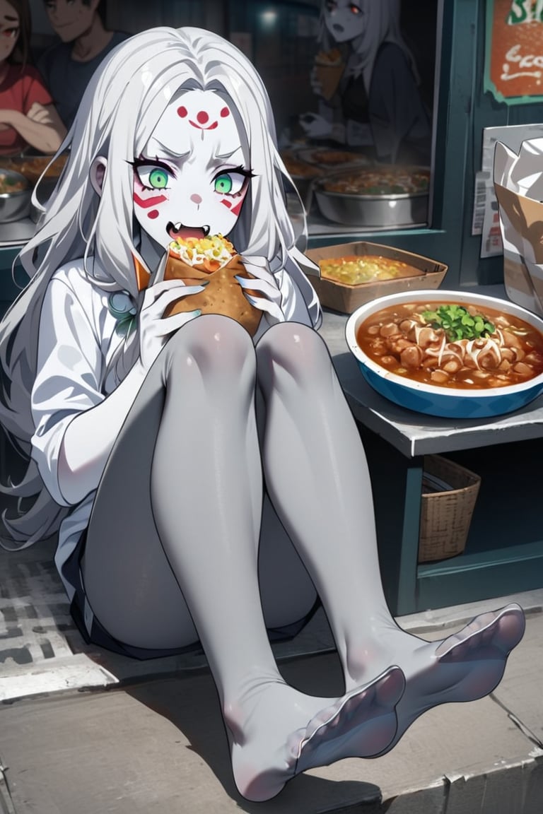  (white skin:1.5), pale skin, long hair, white hair, facial markings, green eyes, fangs, dark street, eating at street stall, Mexican food, pozole,  tired look, no shoes, detailed feet, feet focus, office clothes, gray pantyhose, full body