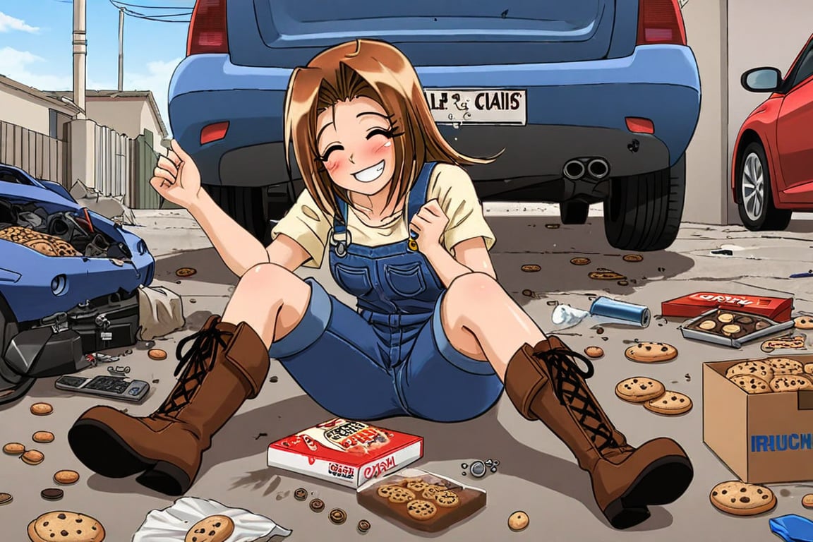 RENA,EROGE, 1girl, brown hair, work overall, boots, car repair garage, destroyed car, hardware, drunk, , lazyness, cinycal smile, box of cookies, beer, rubbish floor, good anatomy, , Anya smile meme, 