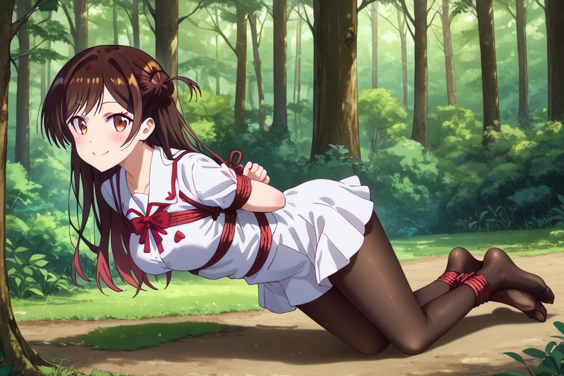 Tied girl, brown hair, forehead, brown pantyhose, white minidress, hands tied behind her back, tied rope, detailed feet, no shoes, feet focus, mischiveous smile, alone, forest, pic nic basket,chizuru ichinose,long hair,bangs,brown eyes,one side up,