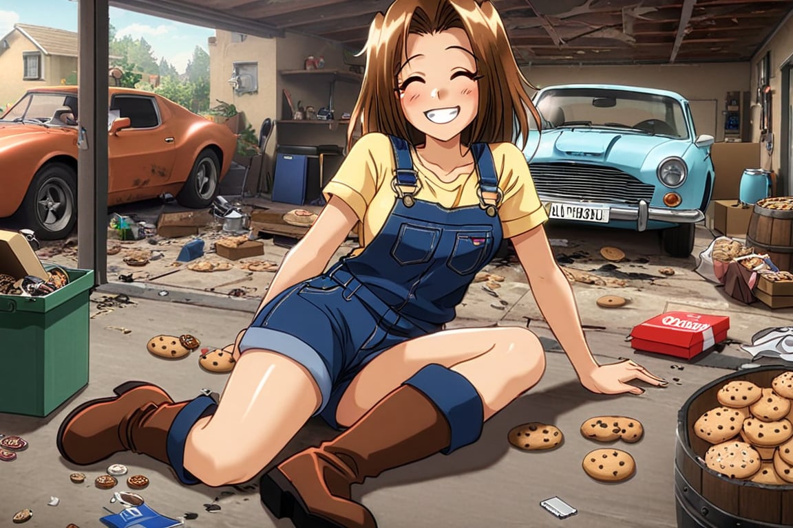 RENA,EROGE, 1girl, brown hair, work overall, boots, car repair garage, destroyed car, hardware, drunk, , lazyness, cinycal smile, box of cookies, beer barrels, rubbish floor, good anatomy, dirty clothes, Anya smile meme, bunch of puppies and kitties around, milñenium Falcon starship at distance