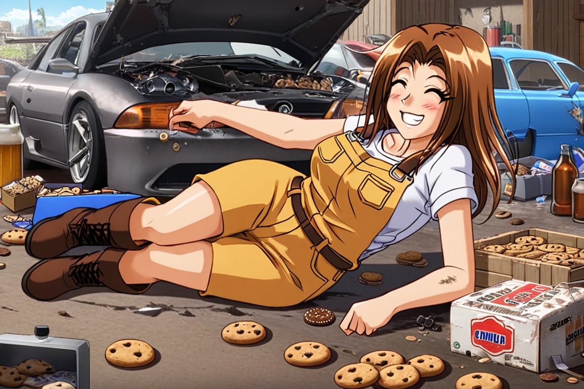 RENA,EROGE, 1girl, brown hair, work overall, boots, car repair garage, destroyed car, hardware, drunk, , lazyness, cinycal smile, box of cookies, beer barrels, rubbish floor, good anatomy, dirty clothes, Anya smile meme, bunch of puppies and kitties around, millenium Falcon starship at distance