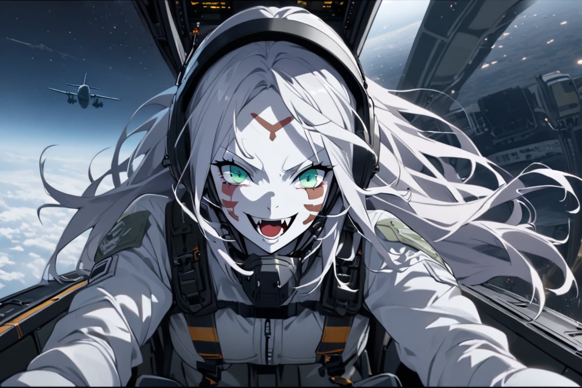  (white skin:1.5), pale skin, long hair, white hair, facial markings, green eyes, fangs, Black Pilot suit, Pilot Helmet, Boots, C-130 aircraft, seant into cockpit, Smiling, air base, , aircraft take off, full body, heroic close up, night sky