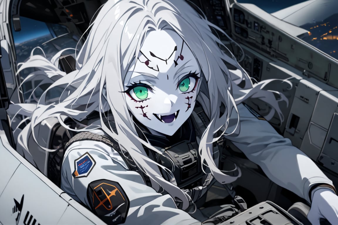  (white skin:1.5), pale skin, long hair, white hair, facial markings, green eyes, fangs, Black Pilot suit, Pilot Helmet, Boots, C-130 aircraft, seant into cockpit, Smiling, air base, , aircraft take off, full body, heroic close up, night sky