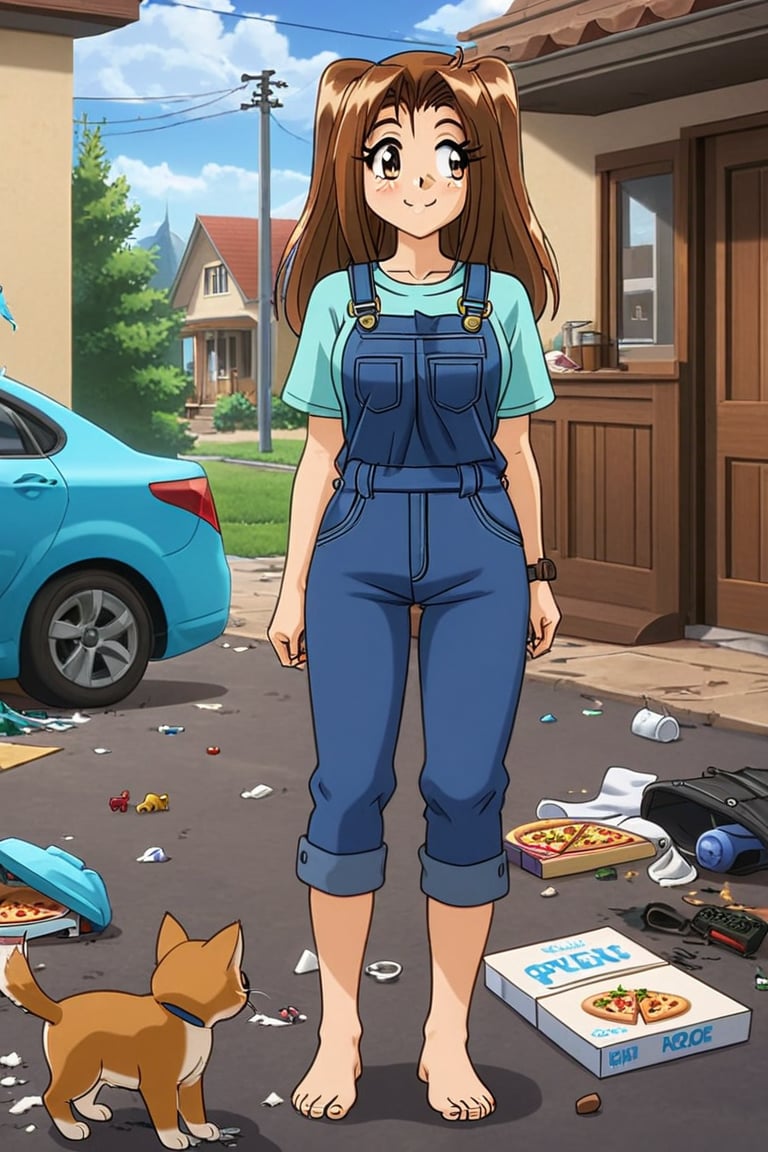 RENA,EROGE, anime coloring, 1girl, brown hair, work overall, barefoot, delivery green cubic backpack, in front to house, standing, street with apartaments, blacksploitation, destroyed car , lazyness, cinycal smile, manage  pizza box, deliuvery t-shirt, rubbish floor, good anatomy, dirty clothes, bunch of puppies and kitties around, close up