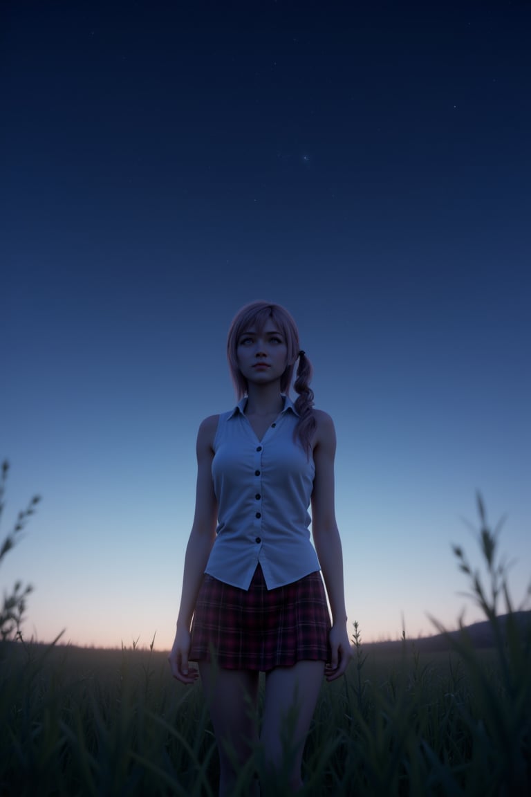 A 3D render in Blender of Serah13, standing in a serene meadow under a starry sky. She wears a white sleeveless button-up top and a plaid skirt, looking up with a serene expression. The scene is softly lit with moonlight, highlighting her silhouette against the night sky. The composition frames her in the foreground, with the vast starry sky as the backdrop, creating a dreamy and ethereal atmosphere.