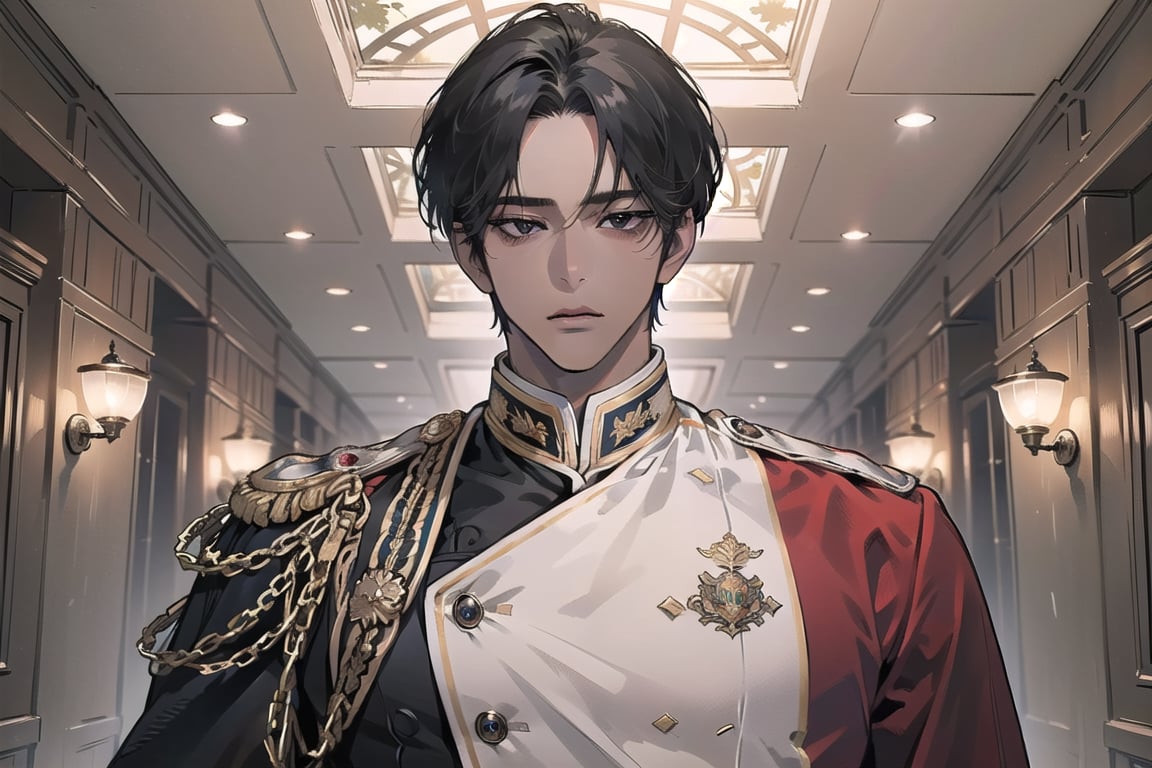  ((black very short hair)), (((dark skin:1.5))), ((center-parting bangs:1.4)), black eyes, ((mature)), serious, angular jaw, thick neck, wearing a (military uniform:1.3), long sleeve, by Raphael, masterpiece, upper body shot, magnificent indoor hall, Dichloe,1 man,1 boy