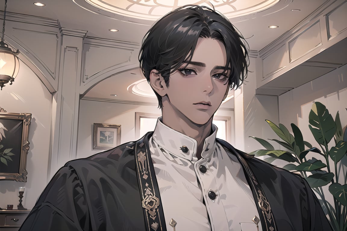  ((black very short hair)), (((dark skin:1.5))), ((center-parting bangs:1.4)), black eyes, ((mature)), serious, angular jaw, thick neck, wearing a (OliveDrab shirt:1.3), by Raphael, masterpiece, upper body shot, magnificent indoor hall, Dichloe,1 man,1 boy