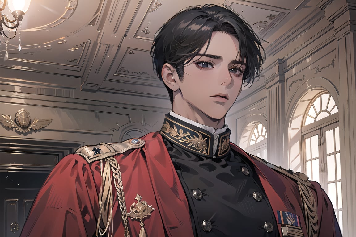  ((black very short hair)), (((dark skin:1.5))), ((center-parting bangs:1.4)), black eyes, ((mature)), serious, angular jaw, thick neck, wearing a (military uniform:1.3), long sleeve, by Raphael, masterpiece, upper body shot, magnificent indoor hall, Dichloe,1 man,1 boy