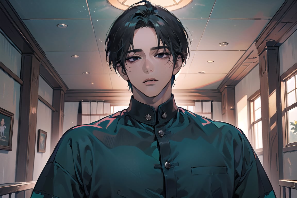  ((black very short hair)), (((dark skin:1.5))), ((center-parting bangs:1.4)), black eyes, ((mature)), serious, angular jaw, thick neck, wearing a (Teal shirt:1.3), by Raphael, masterpiece, upper body shot, magnificent indoor hall, Dichloe,1 man,1 boy