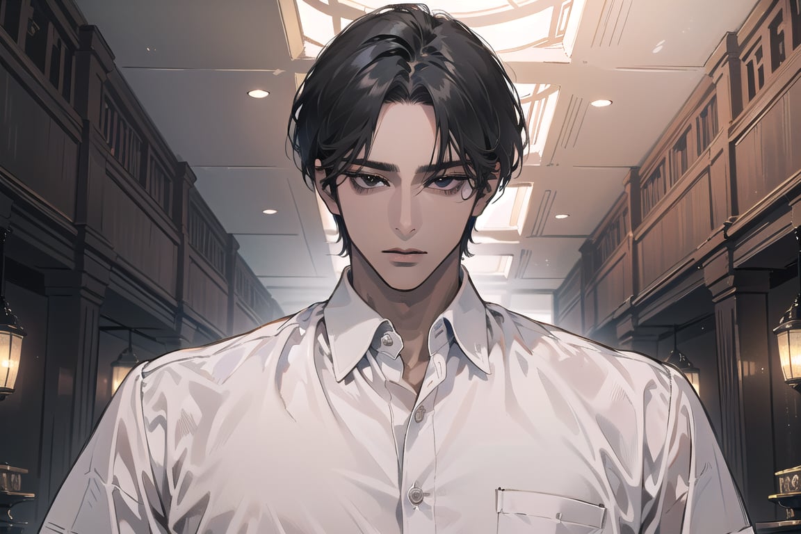  ((black very short hair)), (((dark skin:1.5))), ((center-parting bangs:1.4)), black eyes, ((mature)), serious, angular jaw, thick neck, wearing a (white shirt:1.3), by Raphael, masterpiece, upper body shot, magnificent indoor hall, Dichloe,1 man,1 boy