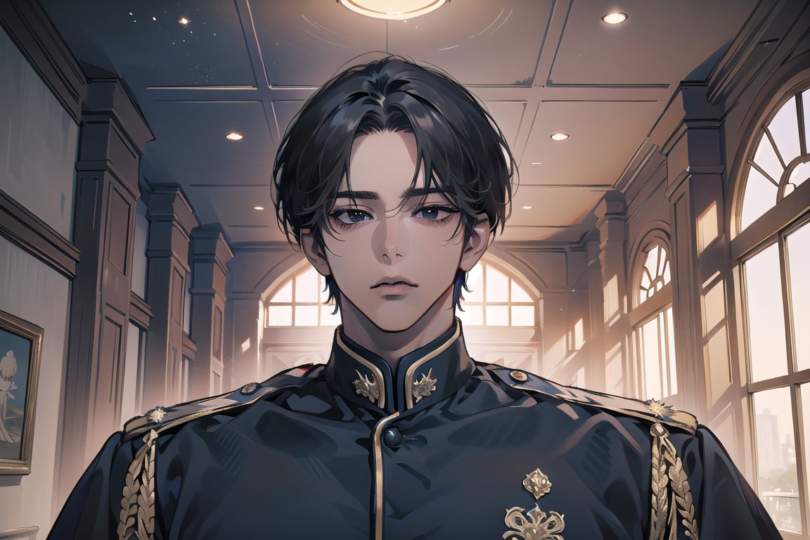  ((black very short hair)), (((dark skin:1.5))), ((center-parting bangs:1.4)), black eyes, ((mature)), serious, angular jaw, thick neck, wearing a (CadetBlue shirt:1.3), by Raphael, masterpiece, upper body shot, magnificent indoor hall, Dichloe,1 man,1 boy