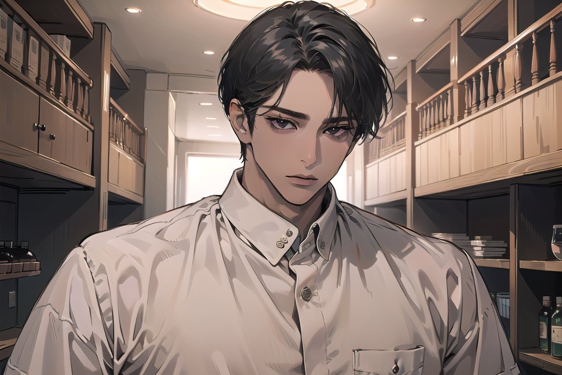  ((black very short hair)), (((dark skin:1.5))), ((center-parting bangs:1.4)), black eyes, ((mature)), serious, angular jaw, thick neck, wearing a (Tan shirt:1.3), by Raphael, masterpiece, upper body shot, magnificent indoor hall, Dichloe,1 man,1 boy