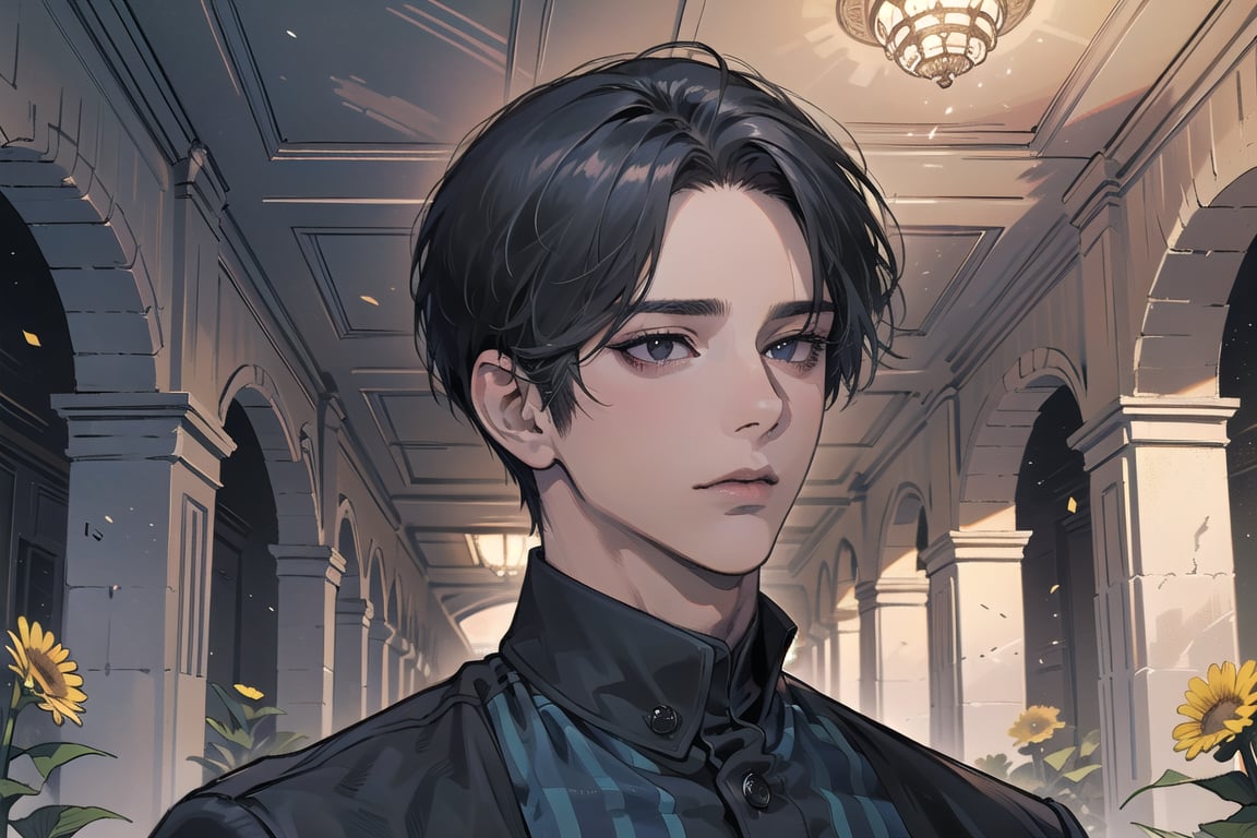  ((black very short hair)), (((dark skin:1.5))), ((center-parting bangs:1.4)), black eyes, ((mature)), serious, angular jaw, thick neck, wearing a (CornflowerBlue shirt:1.3), by Raphael, masterpiece, upper body shot, magnificent indoor hall, Dichloe,1 man,1 boy