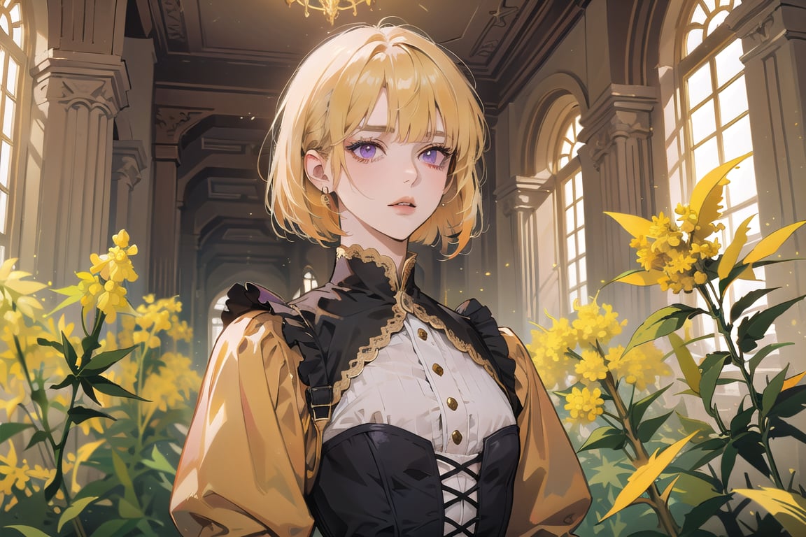 ((Goldenrod hair:1.5)), bob cut, bangs, purple eyes, ((small chest:1.1)), wearing a ((orange)) ((Victorian dress:1.1)), prince, long sleeve, by Raphael, masterpiece, upper body shot, magnificent indoor hall, Neonie, 1girl