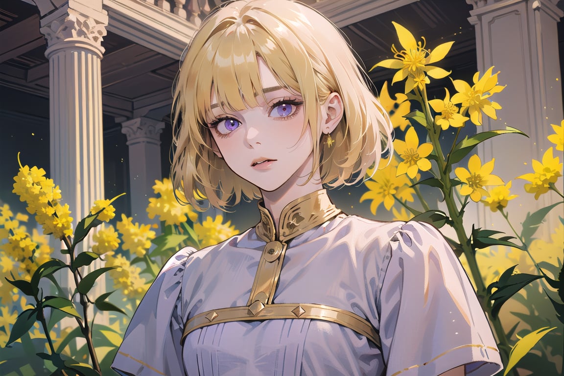 ((Goldenrod hair:1.5)), bob cut, bangs, purple eyes, ((small chest:1.1)), wearing a ((Linen dress:1.3)), short sleeve, by Raphael, masterpiece, upper body shot, magnificent indoor hall, Neonie, 1girl