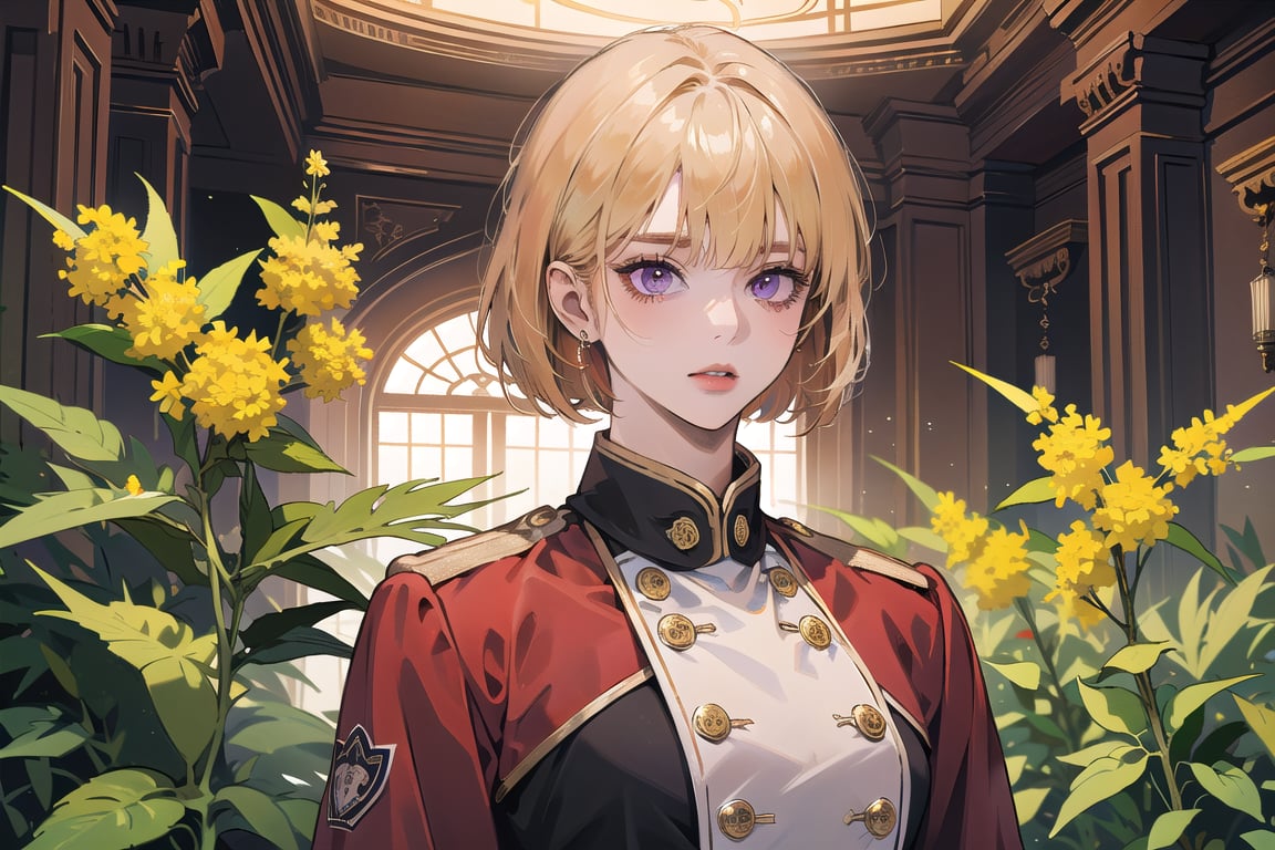 ((Goldenrod hair:1.3)), bob cut, bangs, purple eyes, ((small chest:1.1)), wearing a ((red mikitary uniform:1.5)), by Raphael, masterpiece, upper body shot, magnificent indoor hall, Neonie, 1girl