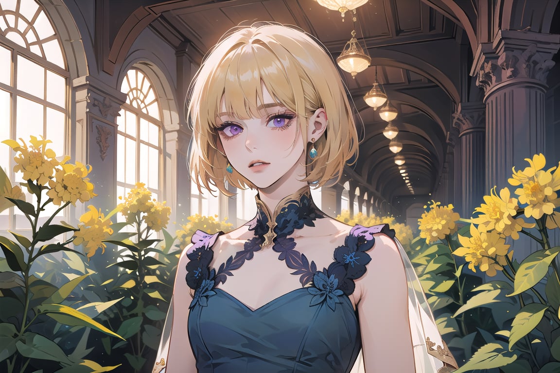 ((Goldenrod hair)), bob cut, bangs, purple eyes, ((small chest:1.1)), wearing a ((SkyBlue Romanticism dress:1.3)), by Raphael, masterpiece, upper body shot, magnificent indoor hall, Neonie, 1girl