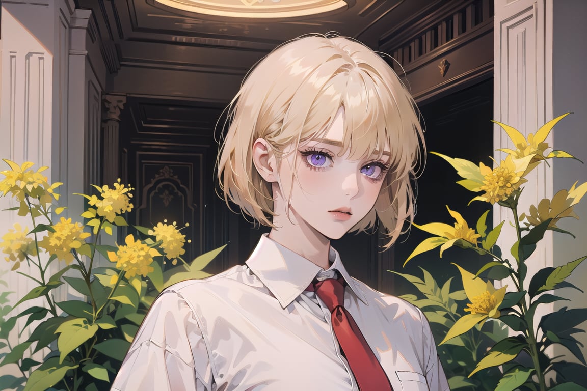 ((Goldenrod hair)), bob cut, bangs, purple eyes, ((small chest:1.1)), wearing a ((white shirt:1.3)), red tie, by Raphael, masterpiece, upper body shot, magnificent indoor hall,Argissa,1 girl,Neonie,1girl