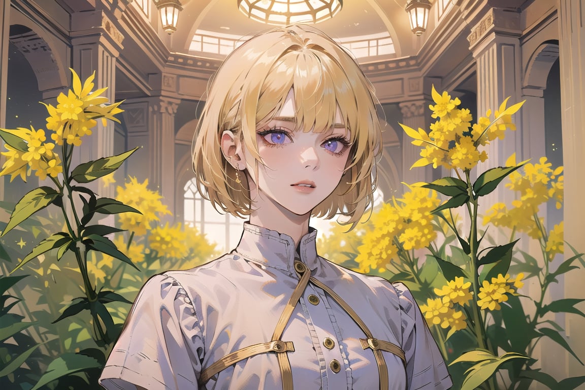 ((Goldenrod hair:1.5)), bob cut, bangs, purple eyes, ((small chest:1.1)), wearing a ((Linen dress:1.3)), short sleeve, by Raphael, masterpiece, upper body shot, magnificent indoor hall, Neonie, 1girl