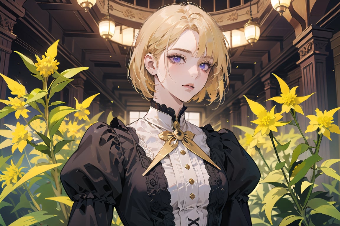 ((Goldenrod hair:1.5)), bob cut, bangs, purple eyes, ((small chest:1.1)), wearing a ((Victorian dress:1.1)), prince, long sleeve, by Raphael, masterpiece, upper body shot, magnificent indoor hall, Neonie, 1girl