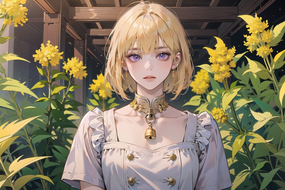 ((Goldenrod hair:1.5)), bob cut, bangs, purple eyes, ((small chest:1.1)), wearing a ((Linen dress:1.3)), short sleeve, by Raphael, masterpiece, upper body shot, magnificent indoor hall, Neonie, 1girl