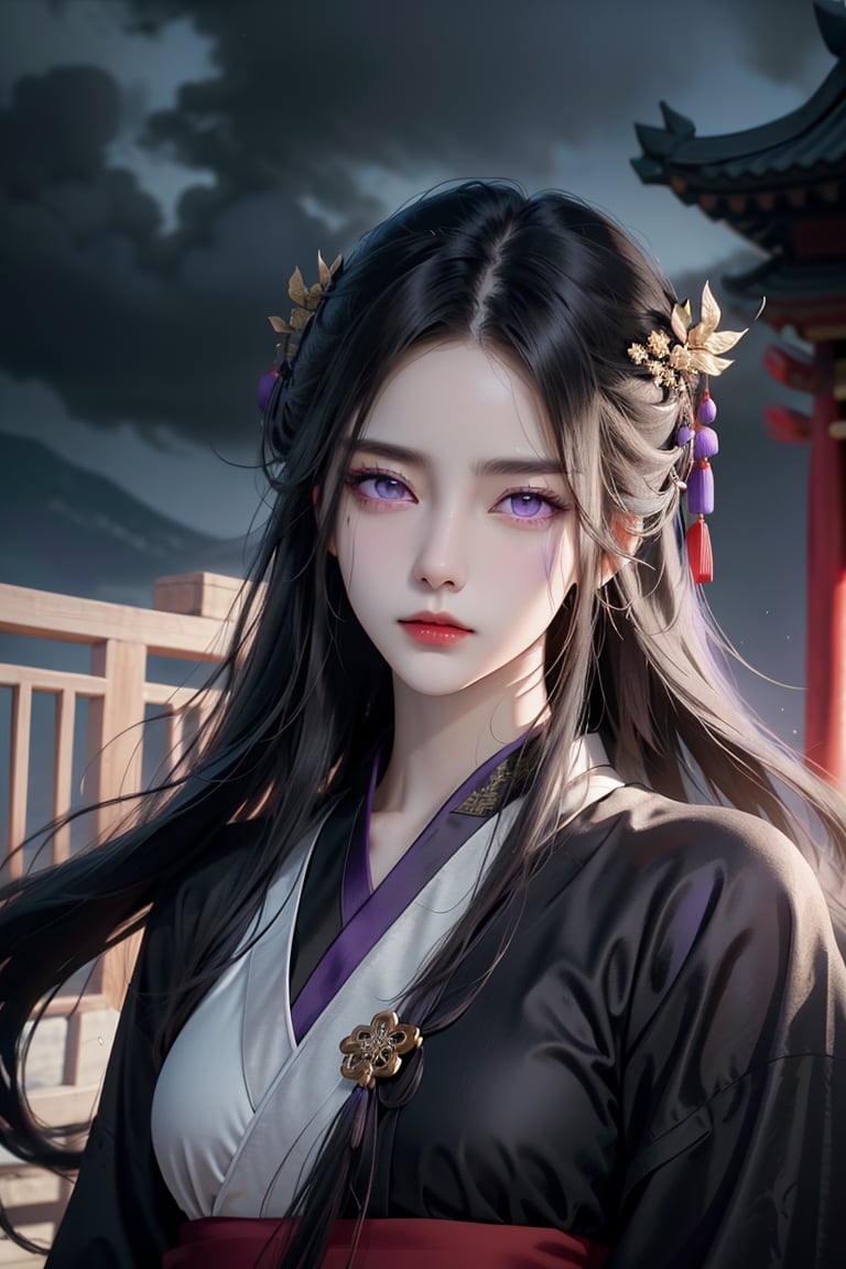 (cowboy shot), dynamic action style, (1woman), (female:1.2), mature face, (mature girl:1.2), sinister smirk, (Chinese hanfu with black and gold accents), finely detailed eyes and face, slim figure, (long black straight hair:1.2), (purple eyes:1.3), (focus on character:1.1), ((solo)), detailed face, detailed eyes, Chinese epic style, clear subject, ultra realistic, ultra detailed, OC rendering, blender, high detail, ultra high quality, dark and ominous atmosphere, dark clouds swirling, subtle mist