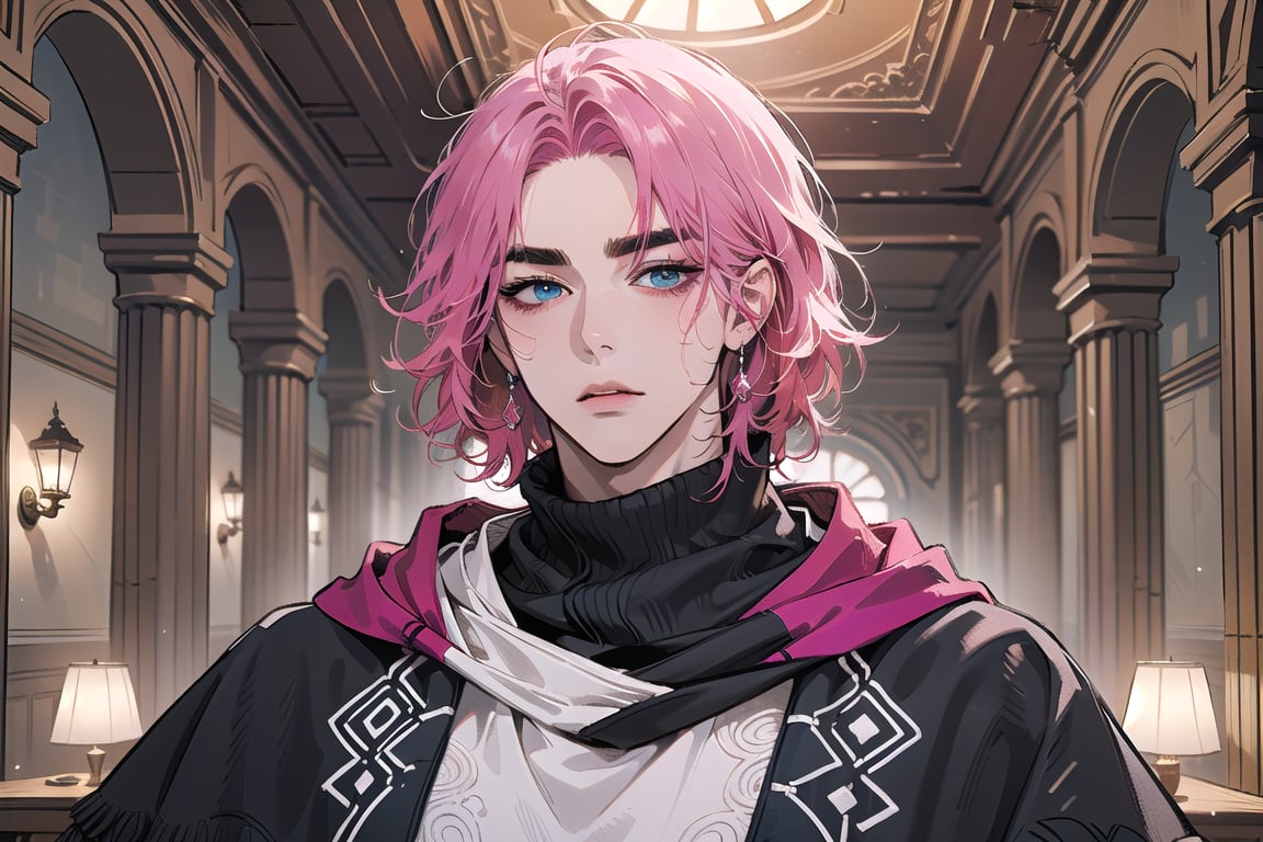 Kryon,1 boy, ((solo focus)), (((Fuchsia hair))), ((thick eyebrows)), ((Medium score)), To reveal the forehead, ((Split head)), ((messy hair)), ((wavy curly hair)), ((short hair)), blue eyes, mature, ((black poncho:1.3)), (((slim figure:1.5))), by Raphael, masterpiece, upper body shot, magnificent indoor hall,1 man