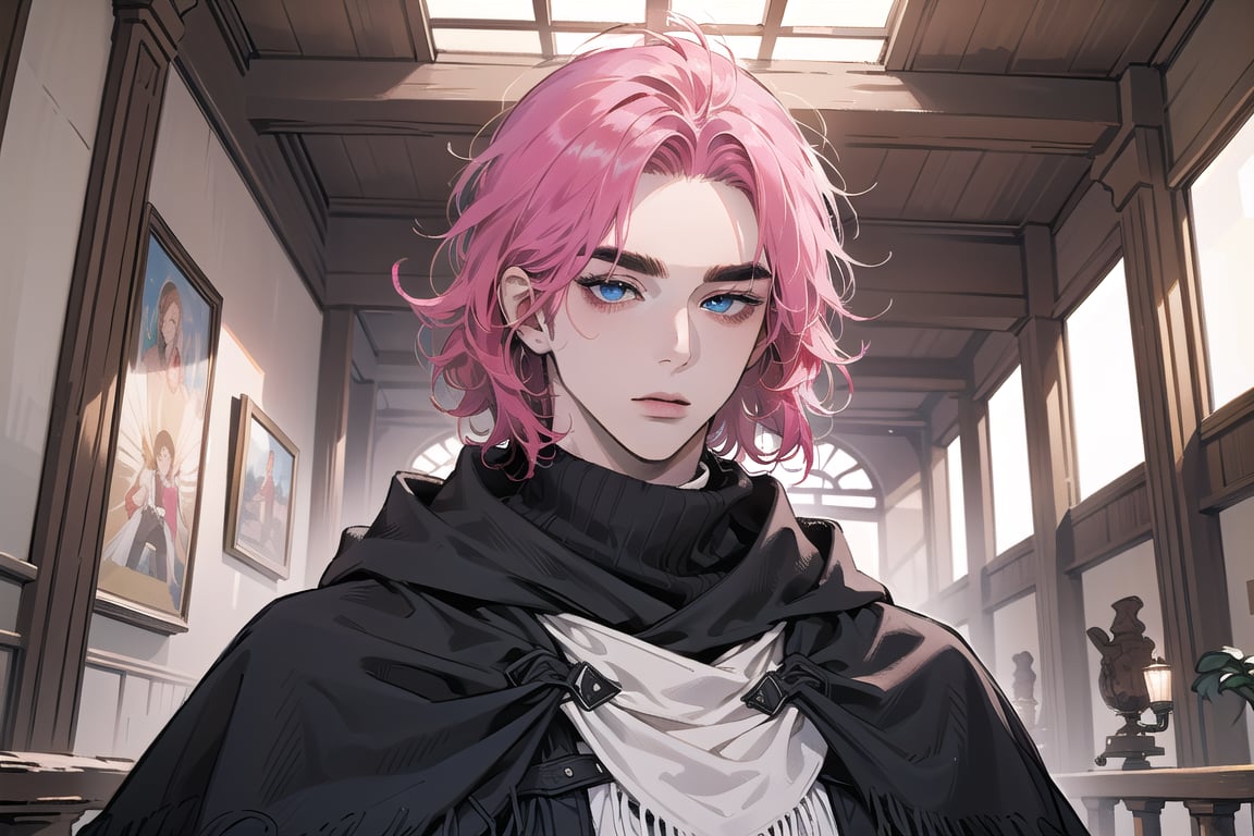 Kryon,1 boy, ((solo focus)), (((Fuchsia hair))), ((thick eyebrows)), ((Medium score)), To reveal the forehead, ((Split head)), ((messy hair)), ((wavy curly hair)), ((short hair)), blue eyes, mature, ((poncho:1.3)), (((slim figure:1.5))), by Raphael, masterpiece, upper body shot, magnificent indoor hall,1 man