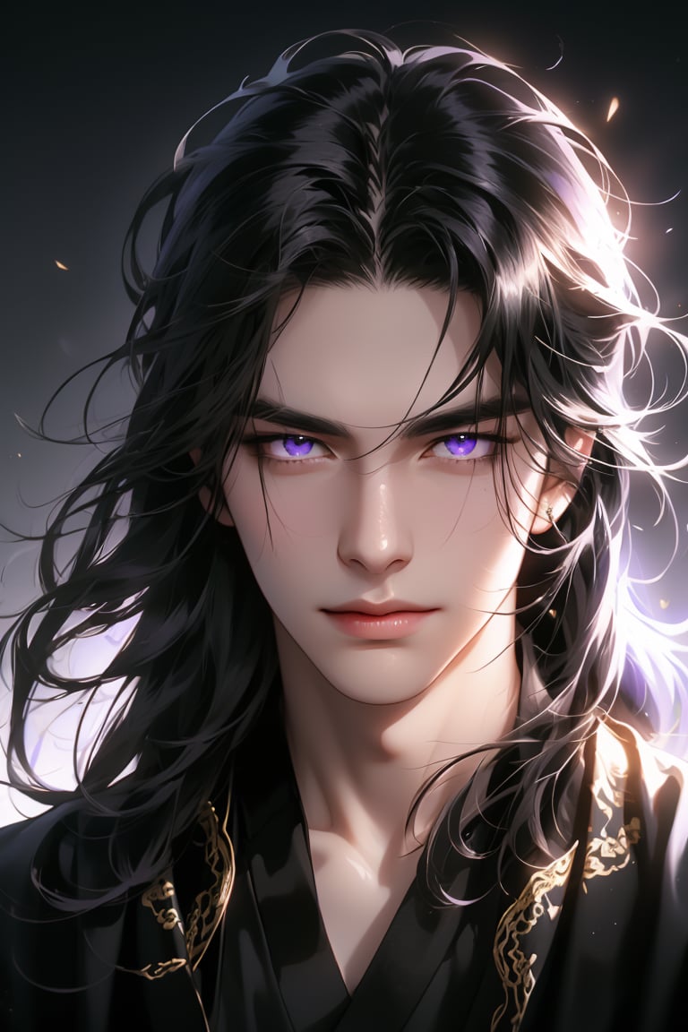 (cowboy shot), dynamic action style, (1man), (male:1.2), mature face, (mature boy:1.2), sinister smirk, (Chinese hanfu with black and gold accents), finely detailed eyes and face, (long black straight hair:1.2), (purple eyes:1.1), (focus on character:1.1), ((solo)), detailed face, detailed eyes, Chinese epic style, clear subject, ultra realistic, ultra detailed, OC rendering, blender, high detail, ultra high quality, dark and ominous atmosphere, dark clouds swirling, subtle mist
