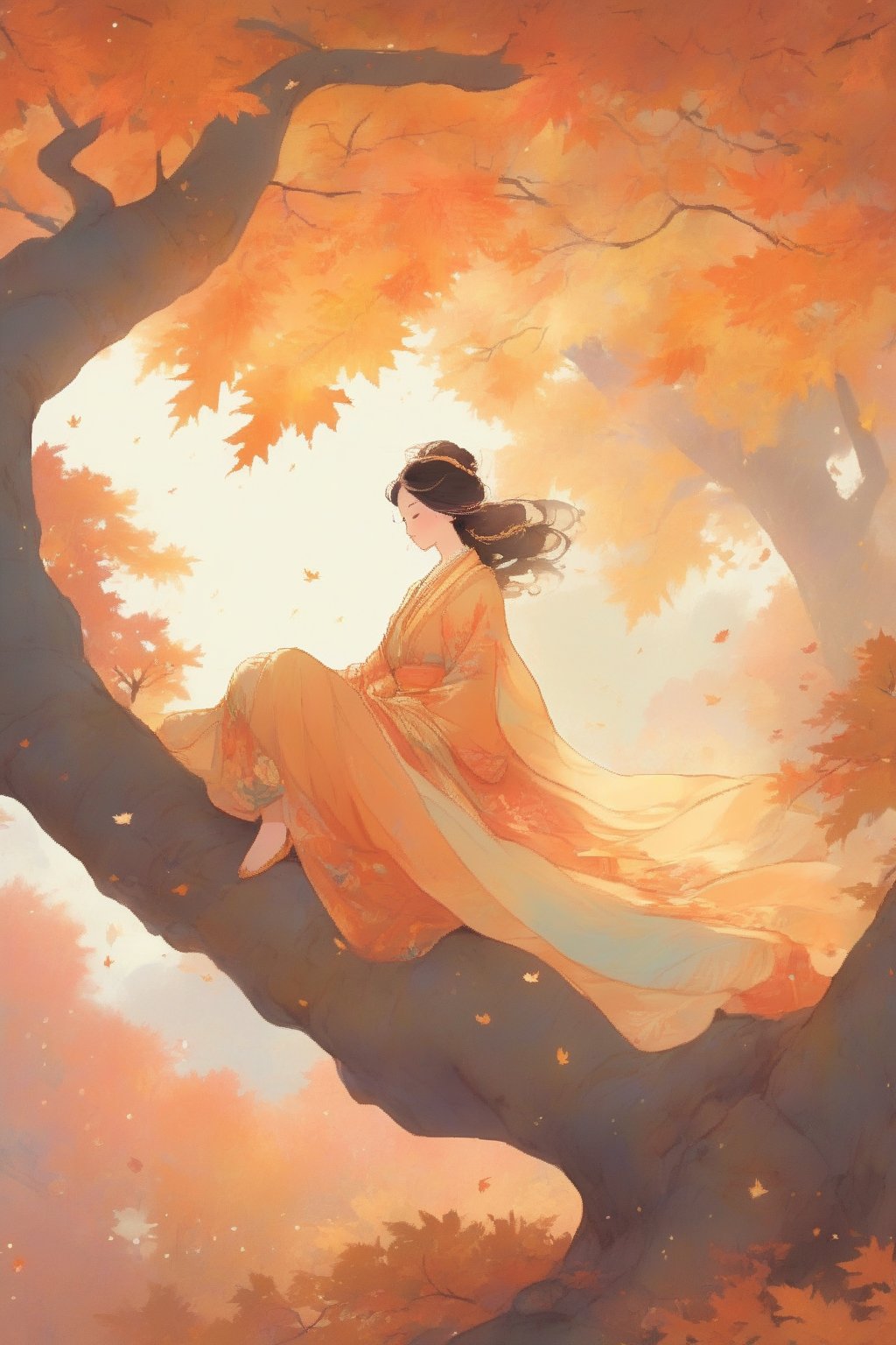 (low angle), (sitting and sleeping under the maple tree), 2d anime style, (a woman immerse in nature), (autumn, rainbow-colored-maple-tree), (swirling maple leaves),

ancient Japanese style,

flowing line, wind blowing effect, watercolor, smooth line art, soft brush stroke, 

aesthetic, (etheral, tranquil), warm & soft & dreamlike lighting, voluminous, iridescent,

(Ultra details, flat illustration, absurudes, intricate details), 

flat digital painting by artist ,(masterpiece,best quality)

 intricate attire, magical, fantasy, impressive, sparkling , (beautifully detailed face), beautiful, seamless details, otherworldly, (autumn theme)