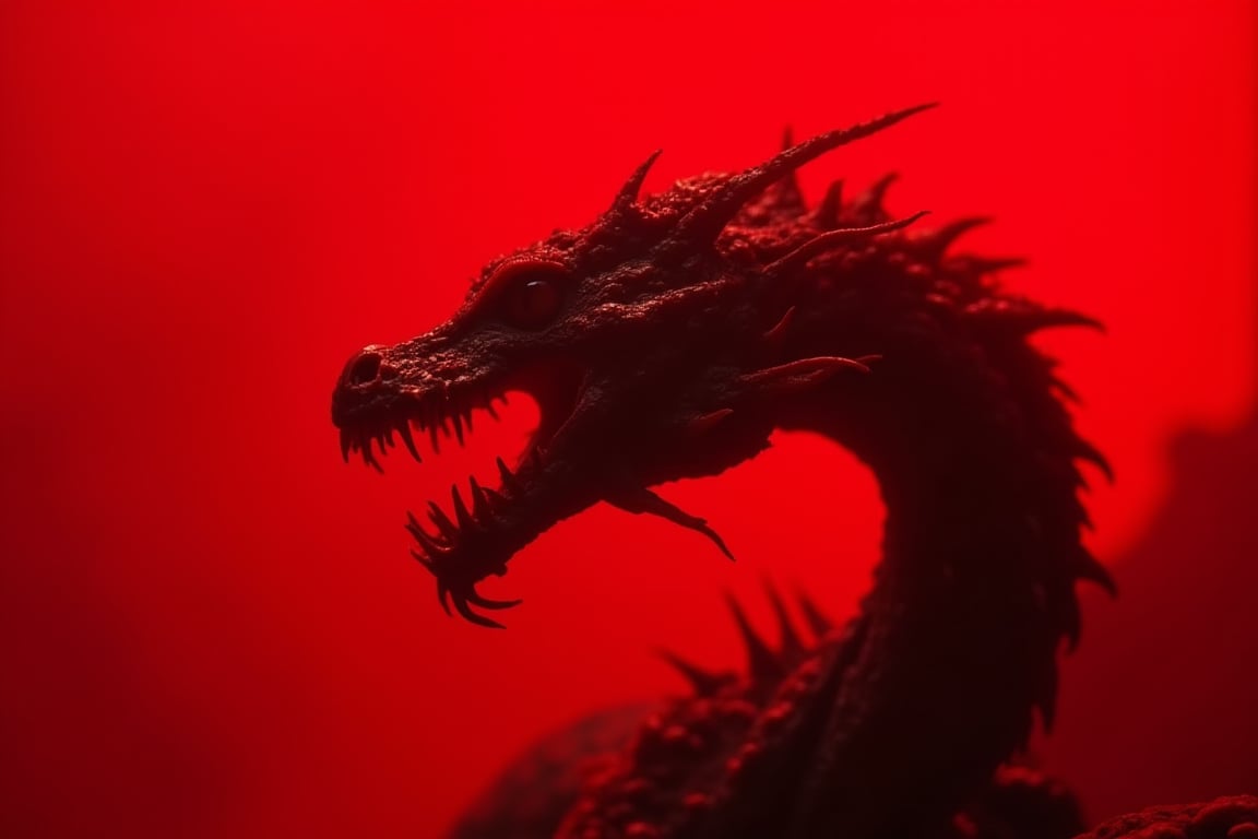 a photo of a gnarly dragon with a red under glow/shadow, red background,/mono