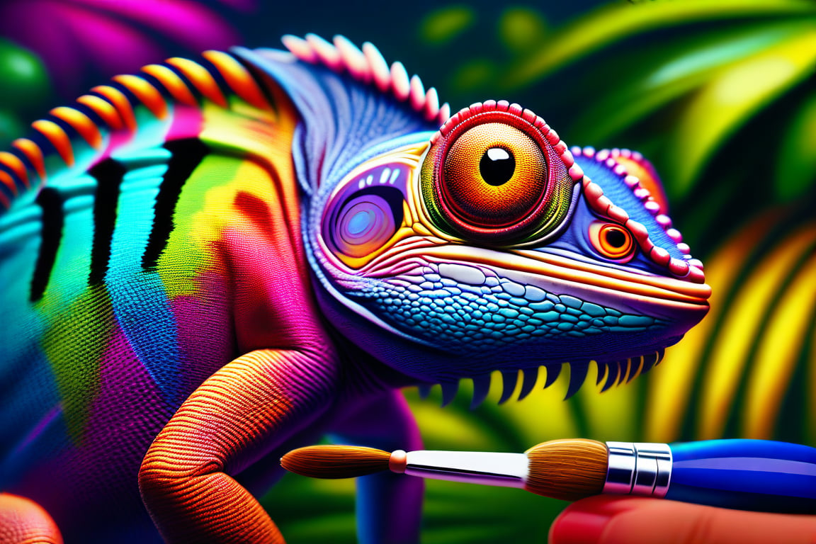 A chameleon's tongue darts out, precariously close to a buzzing fly, in a vibrant portrait set amidst the lush jungle foliage. The camera zooms in on the reptile's face, its scales glistening with dew, as it freezes mid-catch. In the background, a paintbrush and oil colors hint at an artist's influence, blending seamlessly into the game icon's stylized art. The slot game's color palette shines through, evoking a sense of adventure and excitement.