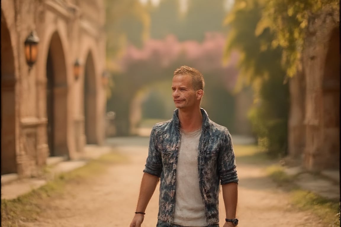 Capture a lively scene featuring a handsome young man, mid-stride, against a backdrop of intricate, historic architecture. His short, light blonde hair frames his engaging, clean-shaven face as he smiles widely, embodying happiness. Use a Sony A7R IV with a 35mm f/1.4 lens, set to f/2.8 to achieve a crisp focus on him while softening the details of the architectural elements behind. Dressed in a light blue striped shirt over a white tee, his outfit reflects the cheerful ambiance of a sunny day. The vibrant colors of the buildings, with their rich textures and warm tones, complement his relaxed posture and genuine smile. Capture this scene with natural, cinematic lighting and a touch of fine film grain to create an inviting atmosphere full of joy and vitality,#$atta1,#$atta2