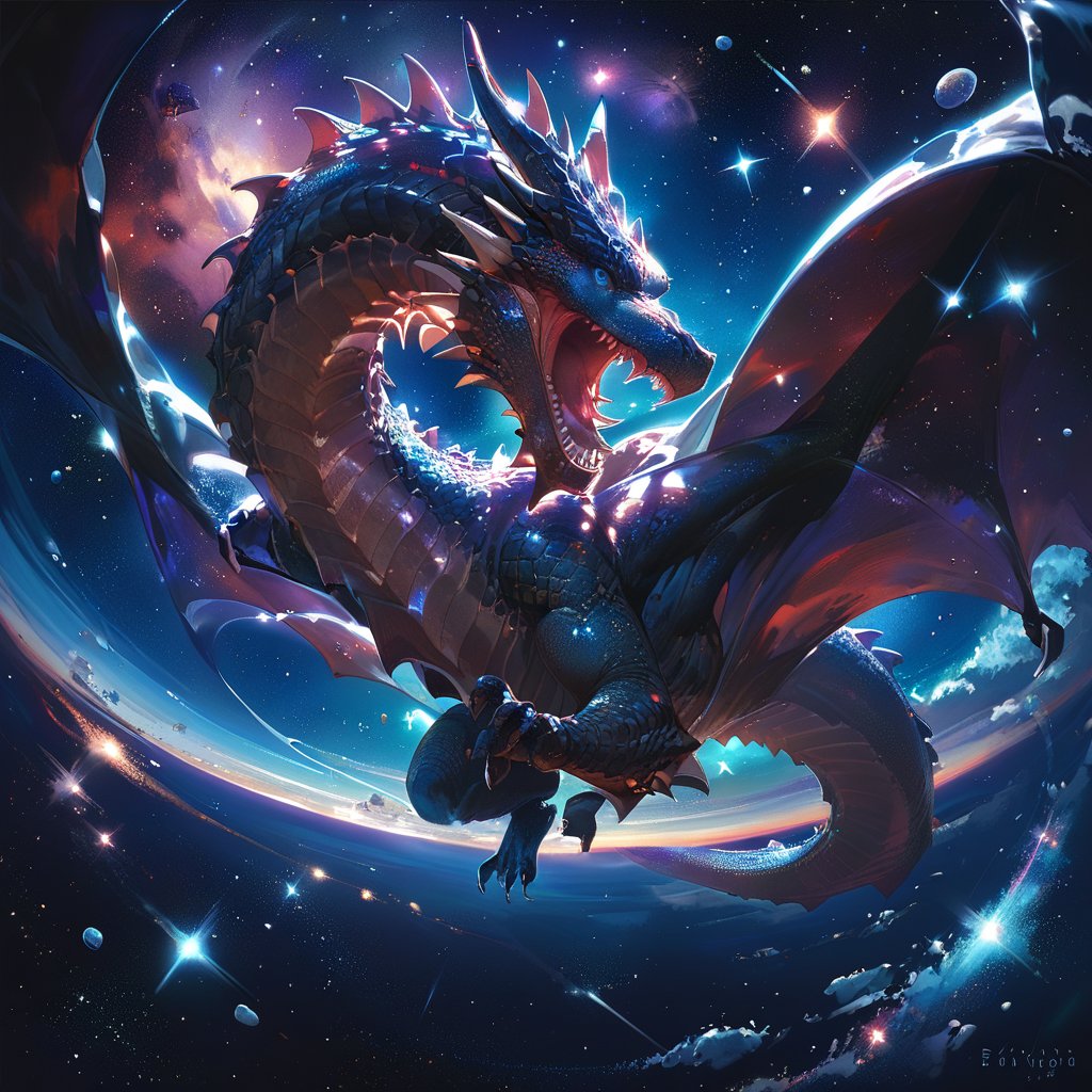 score_9, score_8_up, score_7_up, Yugioh style, black dragon, Dark blue eyes, deep space around, stars around, purple bioluminicencia on chest, stars drops on body, sharp teeth, dynamic angle, detailed Background, full body, pose, action pose,