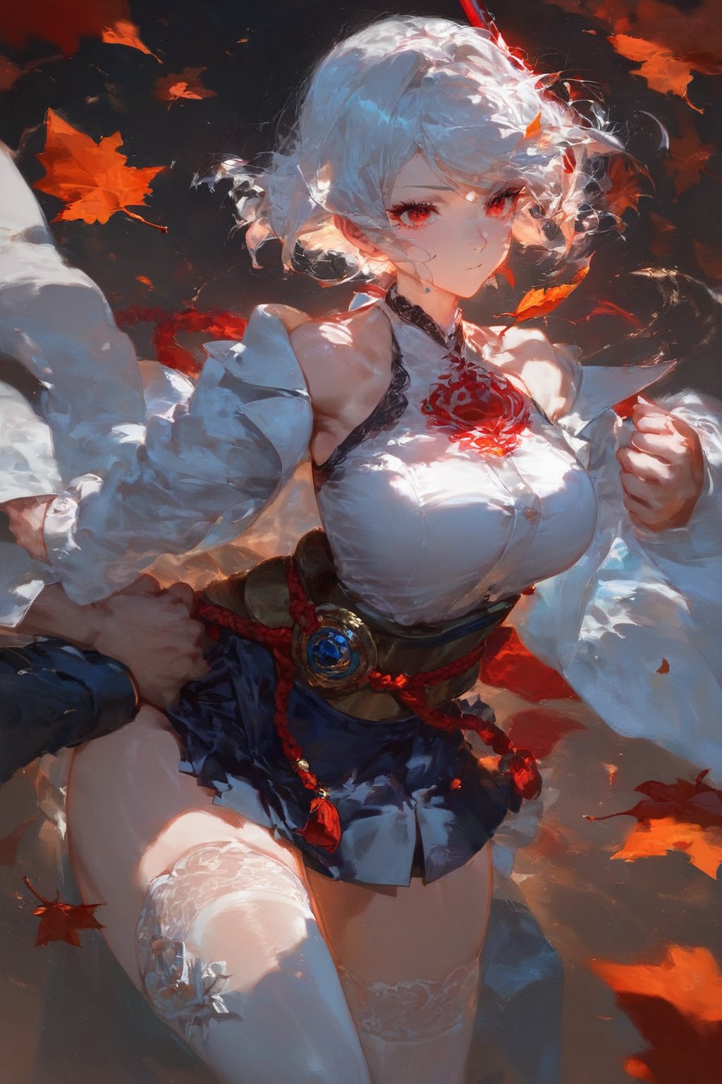 (score_9,score_8_up,score_7_up),best quality, expressive eyes, perfect face, girl with short white hair and red eyes, wearing a white cardigan, jacket under her shoulders, black office skirt, fashion eyelashes, sword

Standing, combat pose, beautiful eyelashes, red leaves around, samurai position, long sleeves, halterneck, white dress, white thighhighs