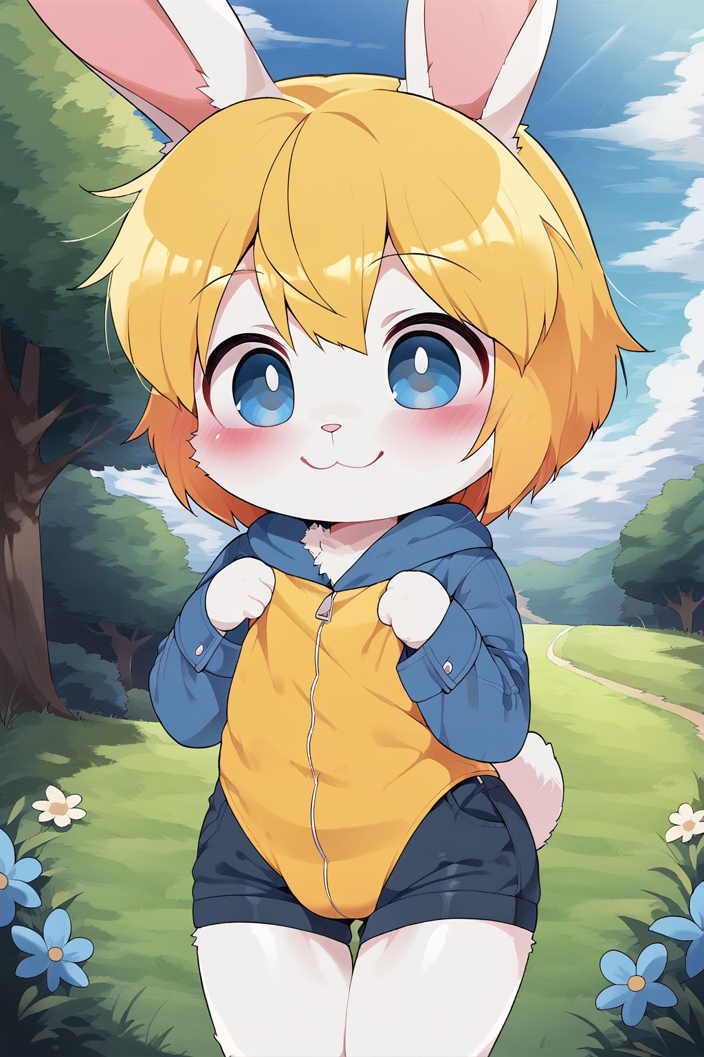 a cute little girl which is a yellow bunny with short blonde hair blue eyes, smiling, loli, bunny nose, (bunny tail:1,5), outdoors, (best quality:1,5), (masterpiece:1,5), art_by_dagasi:1, clothed, (white fur:1,5)