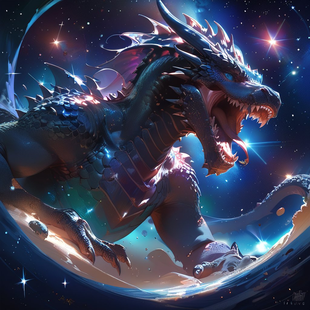 score_9, score_8_up, score_7_up, Yugioh style, black dragon, Dark blue eyes, deep space around, stars around, purple bioluminicencia on chest, stars drops on body, sharp teeth, dynamic angle, detailed Background,