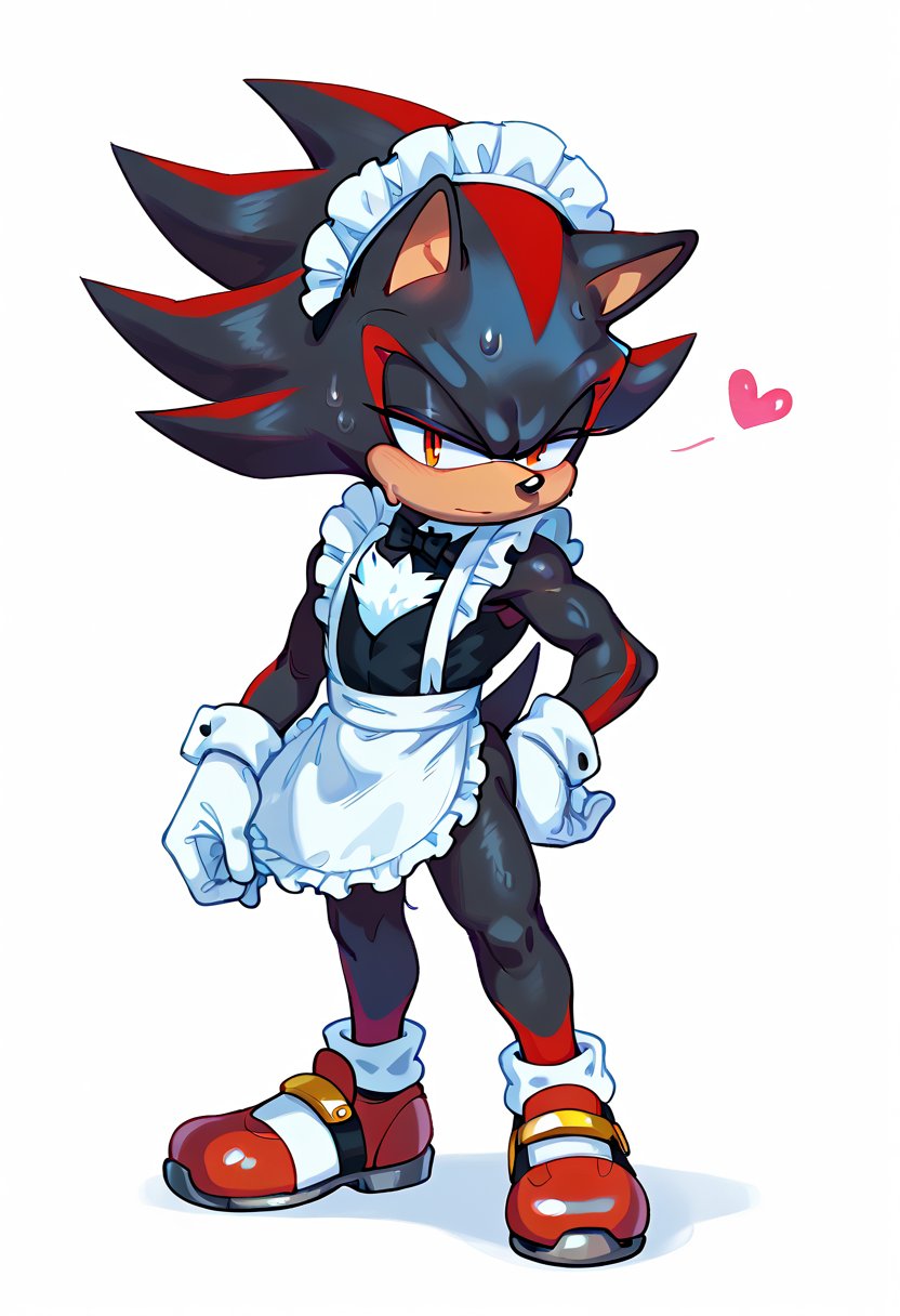 Shadow hedgehog is wearing a maid clothes and white stockins, 1boy, furry, solo, furry male, male focus, heart, white background, simple background, male, sweat, Scenery, full body, Sexy pose, one hand on the hip 