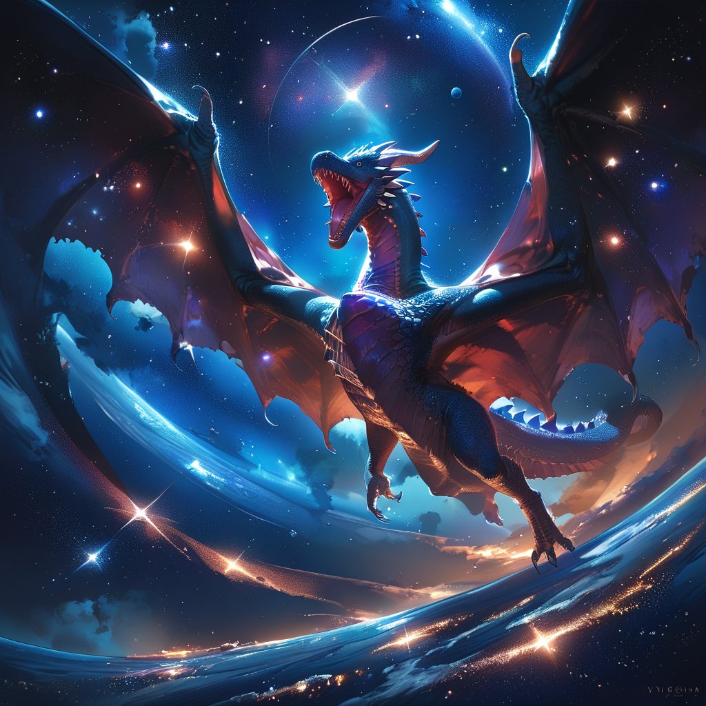 score_9, score_8_up, score_7_up, Yugioh style, black dragon, Dark blue eyes, deep space around, stars around, purple bioluminicencia on chest, stars drops on body, sharp teeth, dynamic angle, detailed Background, full body, Strong, Big wings,,