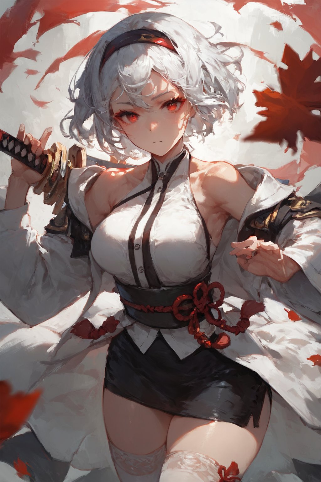 (score_9,score_8_up,score_7_up),best quality, expressive eyes, perfect face, girl with short white hair and red eyes, wearing a white cardigan, jacket under her shoulders, black office skirt, fashion eyelashes, sword

Standing, combat pose, beautiful eyelashes, red leaves around, samurai position,, hairband, long sleeves, halterneck, white dress, white thighhighs